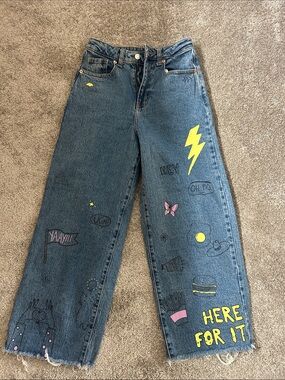 wild fable Blue Wide-Leg Graphic Jeans with Yellow Accents